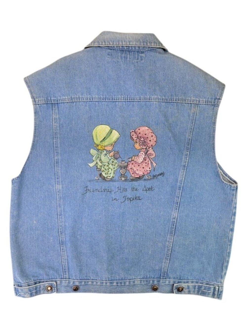 Vintage Precious Moments Hand Painted Denim Vest Topeka Size Large Today's News